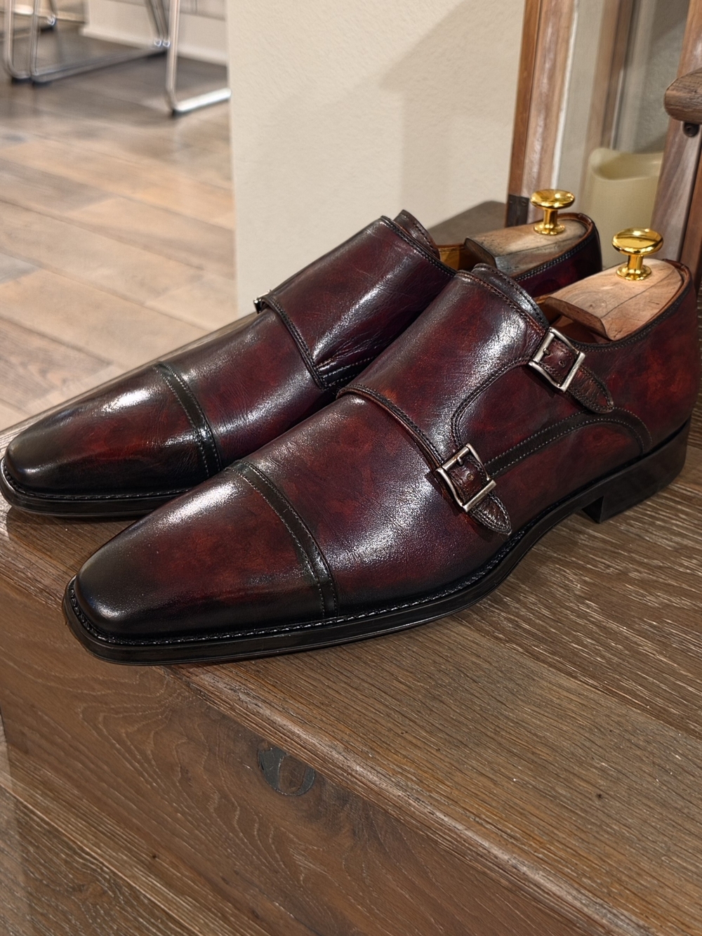 Magnanni Men's Double Monk Strap Oxfords in Deep Brown And Bunished Black - Picture 4 of 5